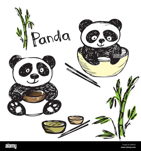 Cute Panda Eating Bamboo Chopsticks Hand Drawing Vector Stock