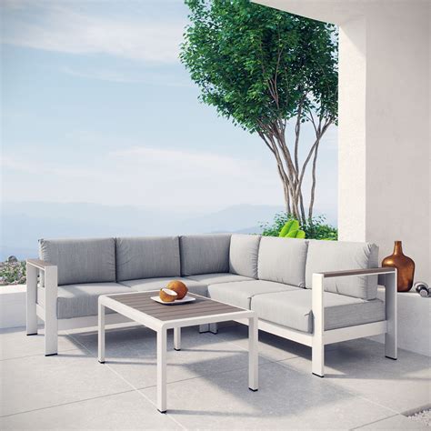 Shore 4 Piece Outdoor Patio Aluminum Sectional Sofa Set Silver Gray