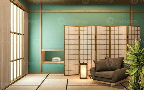 Japanese Partition Paper Wooden Design On Mint Room Tatami Floor3d