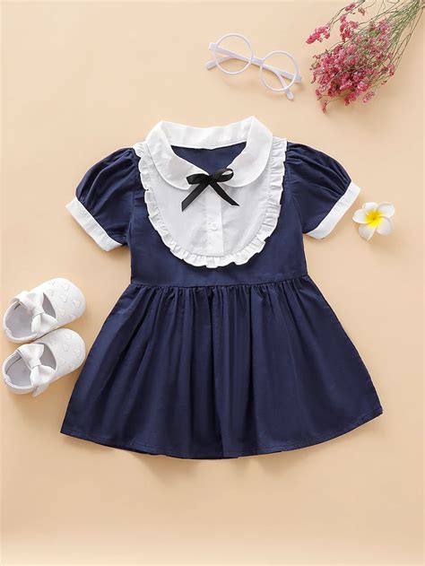Baby Girl Contrast Panel Frill Trim A Line Dress Shein Baby Girl