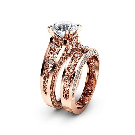 Rose Gold Moissanite Engagement Ring Set Unique 2 Carat Etsy