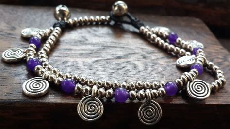 Violet Bead And Charm Double Strand Bracelets Hill Tribe Silver Beads Hill Tribe Silver