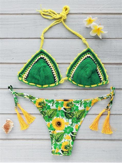 [21 off] 2021 sun flower print crocheted bikini set in green zaful