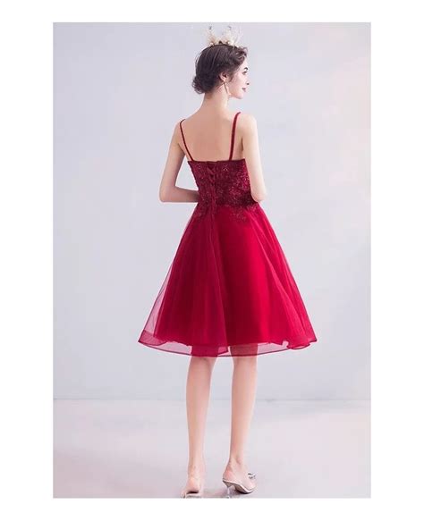 Burgundy Red Lace Short Flare Prom Dress With Straps Wholesale T76012