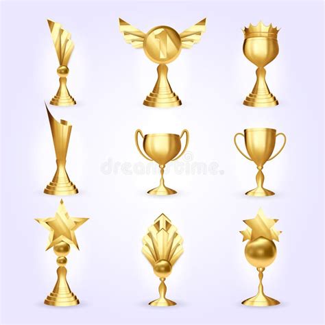 Trophy Cups Set Vector Success Golden Trophy Award Different Champion