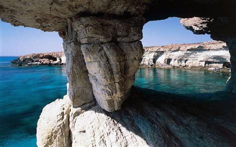 Cave Rock Sea Cliff Cyprus Beach Island Nature Landscape Wallpaper