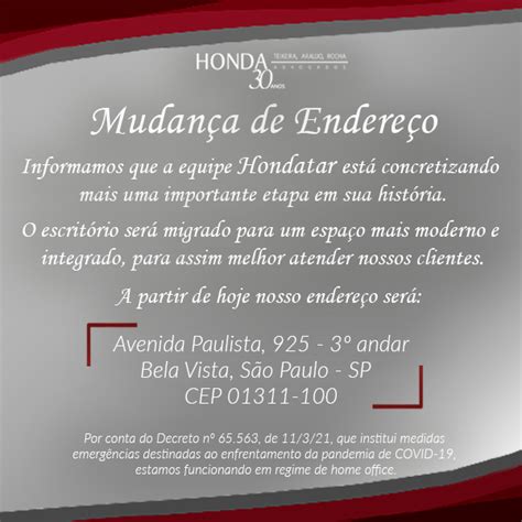 Comunicado Mudança De Endereço Honda Teixeira Rocha Advogados