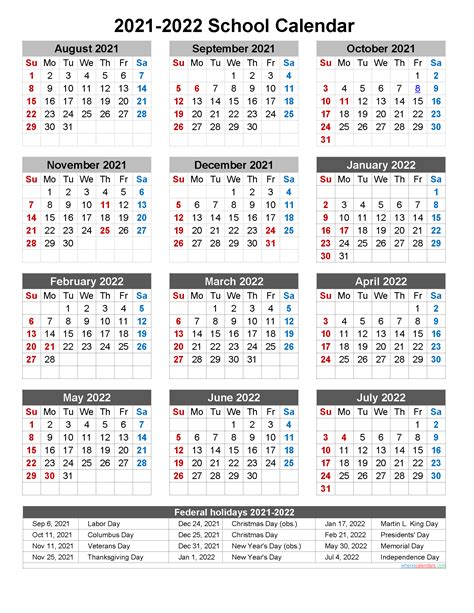 2021 And 2022 School Calendar Printable Portrait Template Noscl22a17