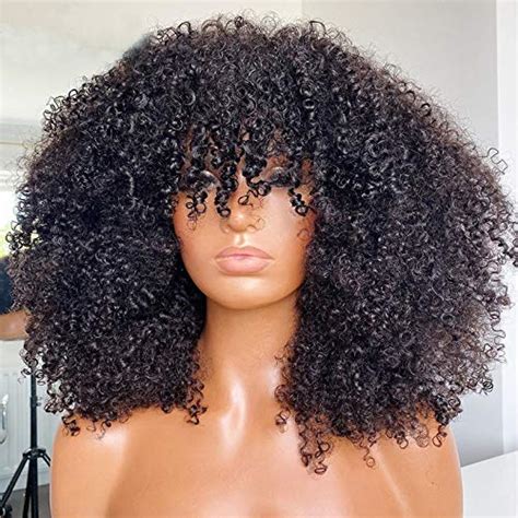 Amazon Com ARUKIHAIR Afro Kinky Curly Wig With Bangs Full Machine Made Scalp Top Wig