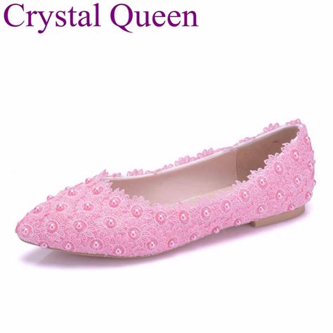 Crystal Queen Pink Lace Wedding Shoes Flat Heels Pointed Toe Plus Size
