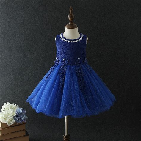 2018 Summer Navy Blue Kids Dress For Girl Mesh Appliques Flower Girl