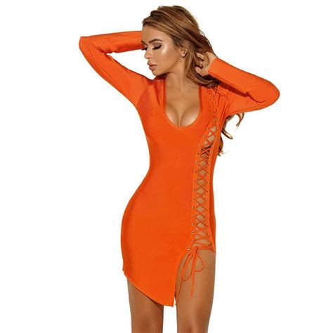 2018 New Sexy Bandage Dress Women Orange Evening Party Dresses Hollow