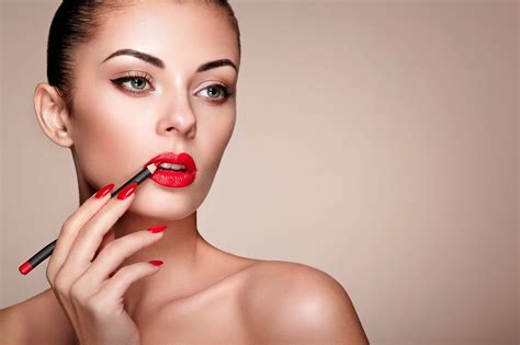 Wallpaper Women Model Makeup Red Lipstick Painted Nails Face Simple Background X
