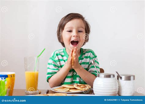 Sweet Little Caucasian Boy Eating Pancakes Stock Image Image Of