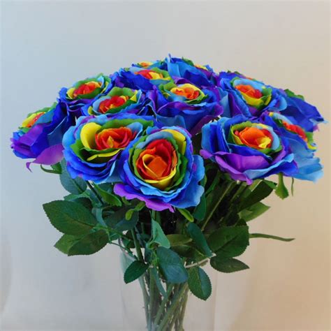 Artificial Rainbow Roses 63cm Silk Flowers