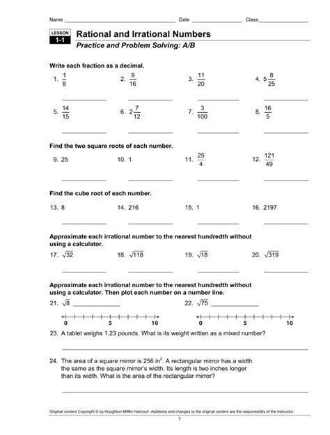 Rational And Irrational Numbers Worksheet Answers Lesson 1-1