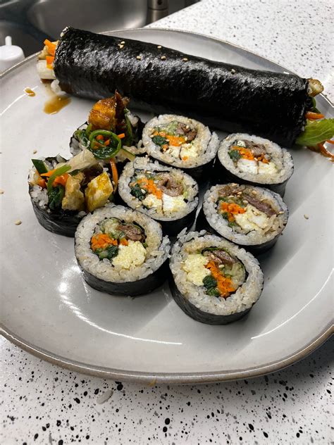 Bulgogi Kimbap Quick Pickled Cucumbers Deep Fried Carrots Gyeran