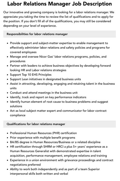 Labor Relations Manager Job Description Velvet Jobs
