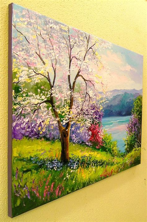 Blooming Apple Tree On The River Bank Paintings By Olha Darchuk