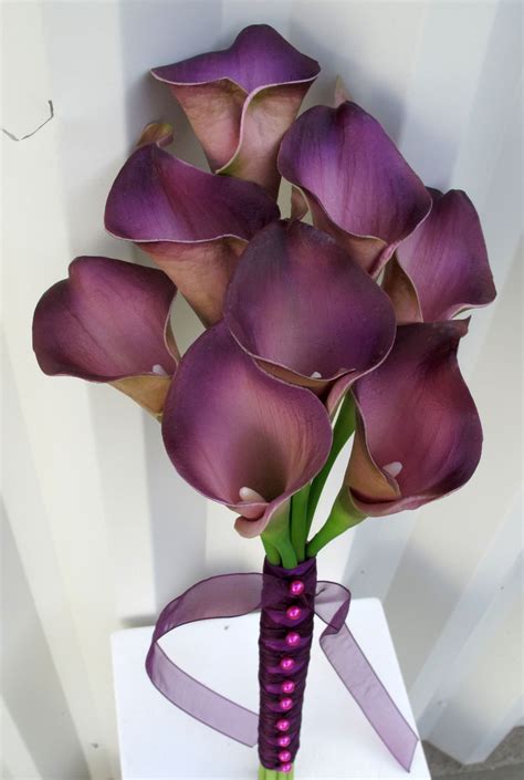 Calla Lily Wedding Bouquet Plum Purple Real Touch Bridal Bouquet Lily