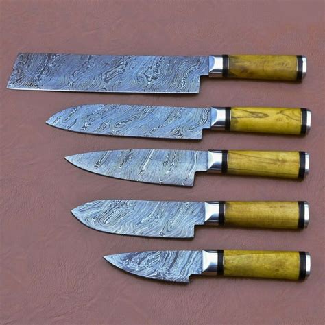 Custom Handmade Damascus Steel Kitchen Knives Set With Handle Wood