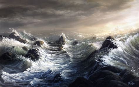 Art Ship Storm Fel X Sailboat Waves Lighthouse Sea Wallpapers Hd
