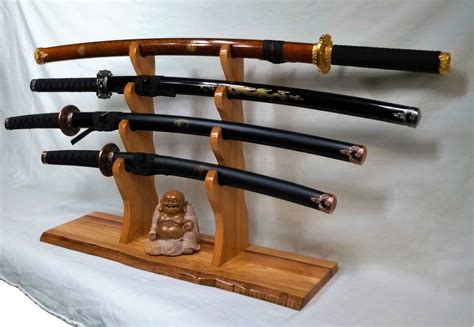 Rustic Katana Wakizashi Tanto Samurai Sword Display 4 Tier Hickory