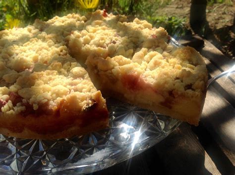 Kuchen aus dem kühlschrank nehmen und tortenring entfernen. Wunderbarer Rhabarber- Pudding- Kuchen mit Streusel ...