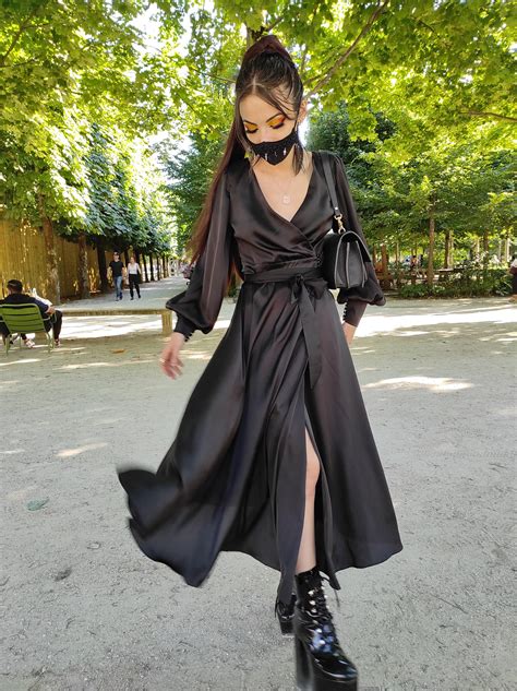 Black Silk Wrap Dress Long Sleeve Custom Made Cocktail Dress Etsy
