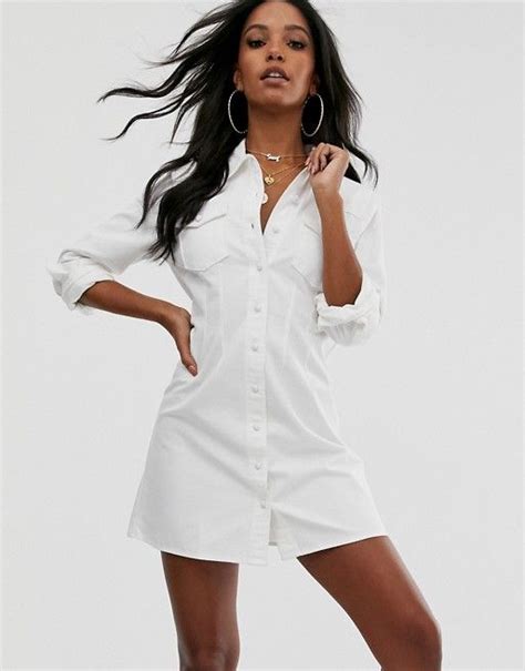 Asos Design Denim Fitted Western Shirt Dress In White Asos Mini