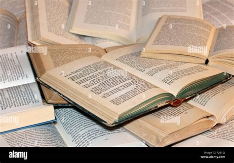 Various Old Open Books On Surface Stock Photo Alamy