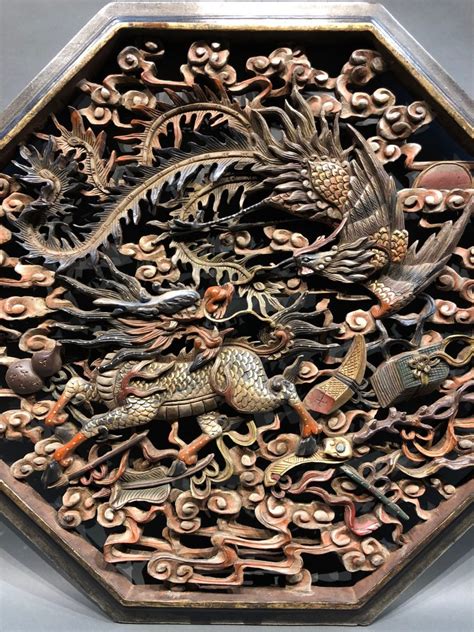 Antique Chinese Wood Carving Of Qilin Fenghuang Kuraya
