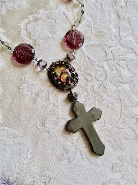 Midnight Confession Hematite Cross Necklace Rosary Style Etsy
