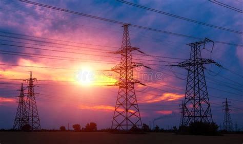 High Voltage Power Lines At Sunset Stock Image Image Of Energy