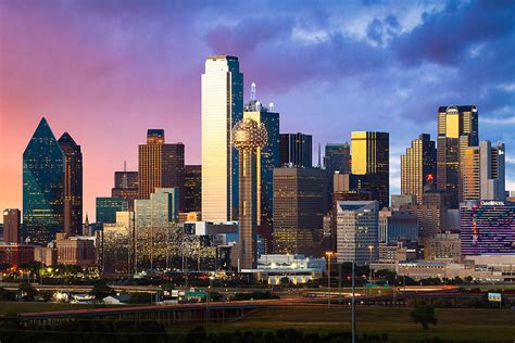 Dallas Skyline At Night With Colorful Sky Stock Photo Dfw Stock