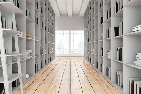 Library Aisle With Wooden Shelves Stock Photo Download Image Now