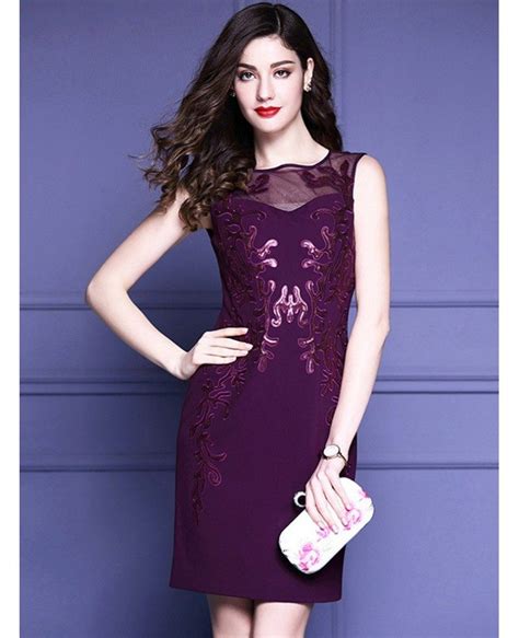 Purple Embroidery Fitted Cocktail Dress Sleeveless For Wedding Guest Zl8051
