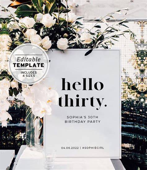 Hello Thirty Minimalist 30th Birthday Party Welcome Sign Editable