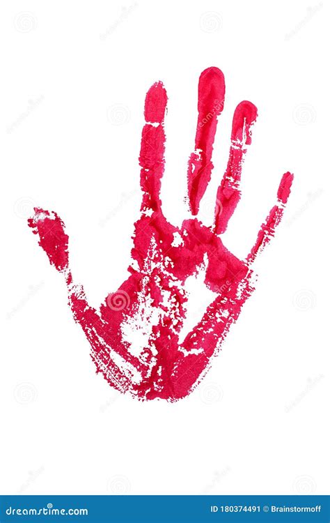 Red Watercolor Print Of Human Hand On White Background Isolated Close