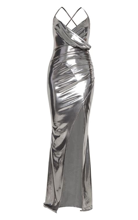 Silver Metallic Ruched Back Extreme Split Maxi Dress Prettylittlething