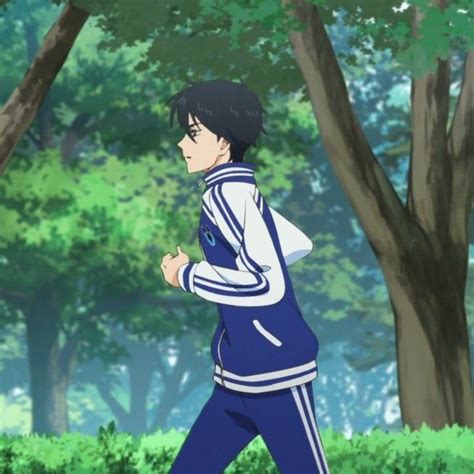 An Anime Character Running Through The Woods With Trees In The