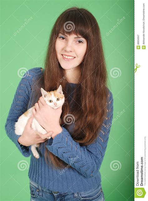Beautiful Smiling Brunette Girl And Her Cat Stock Image Image Of Care