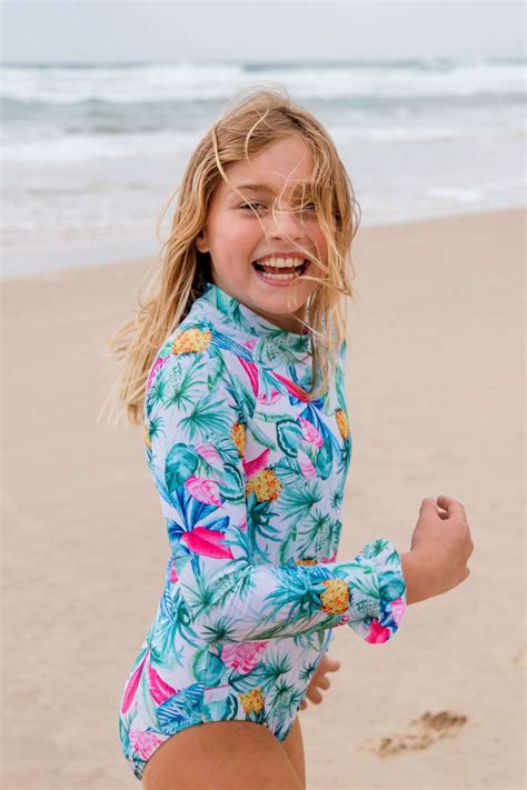 Girls Tropicale Long Sleeve 1 Piece Swimsuit With Frill Bonco Kids