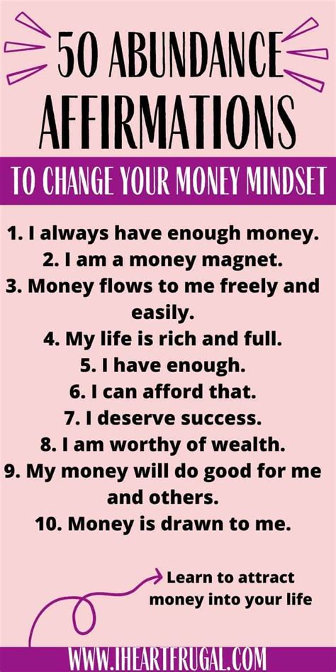 50 Abundance Affirmations To Change Your Money Mindset I Heart Frugal