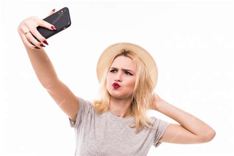 Free Photo Blonde Woman Make A Duck Face To Send A Photo For Her