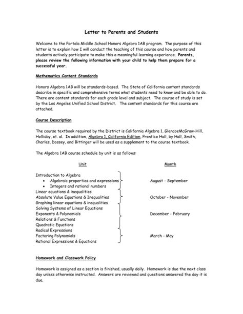 Letter To Parents Algebra 1a Gaspar De Portola Middle School