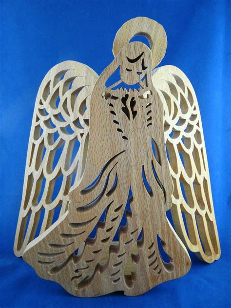 Handmade Oak Wood Scroll Saw Angel With Hinged Wings 13 12 Tall