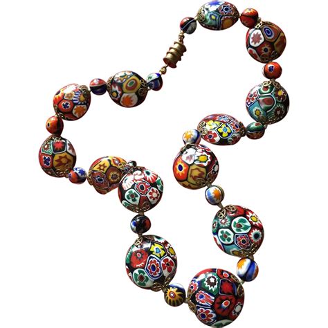 Vintage Millefiori Venetian Murano Flat Glass Bead Necklace 17 Long