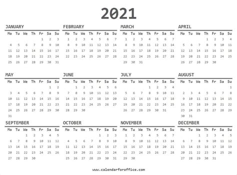 2021 Calendar Printable Monday Start
