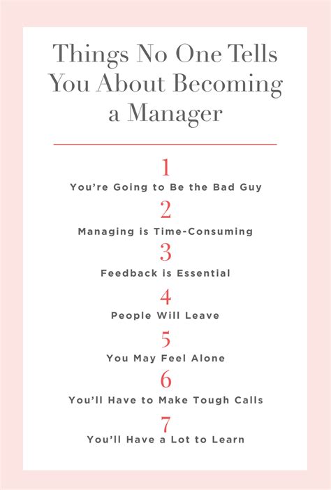 a pink and white poster with the words things no one tells you about becoming a manager